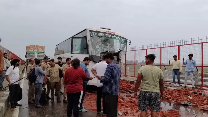 ACCIDENT: A bus collided with a brick-filled trolley on the